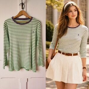 Ralph Lauren Polo Green Purple Striped Shirt Women Preppy